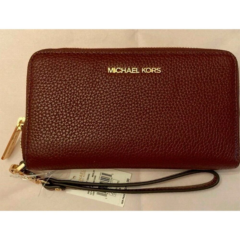 S Michael Kors Jet Set Travel Phone Case Wallet Wristlet Merlot Leather Dark Red